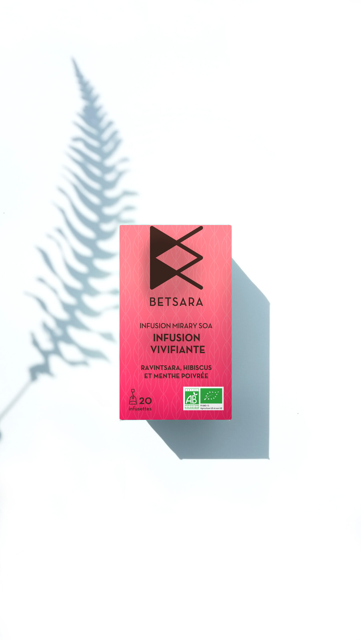 Boîte d'infusion Vivifiante BETSARA, ravintsara hibiscus menthe poivrée, 20 infusettes, avec ombre de fougère