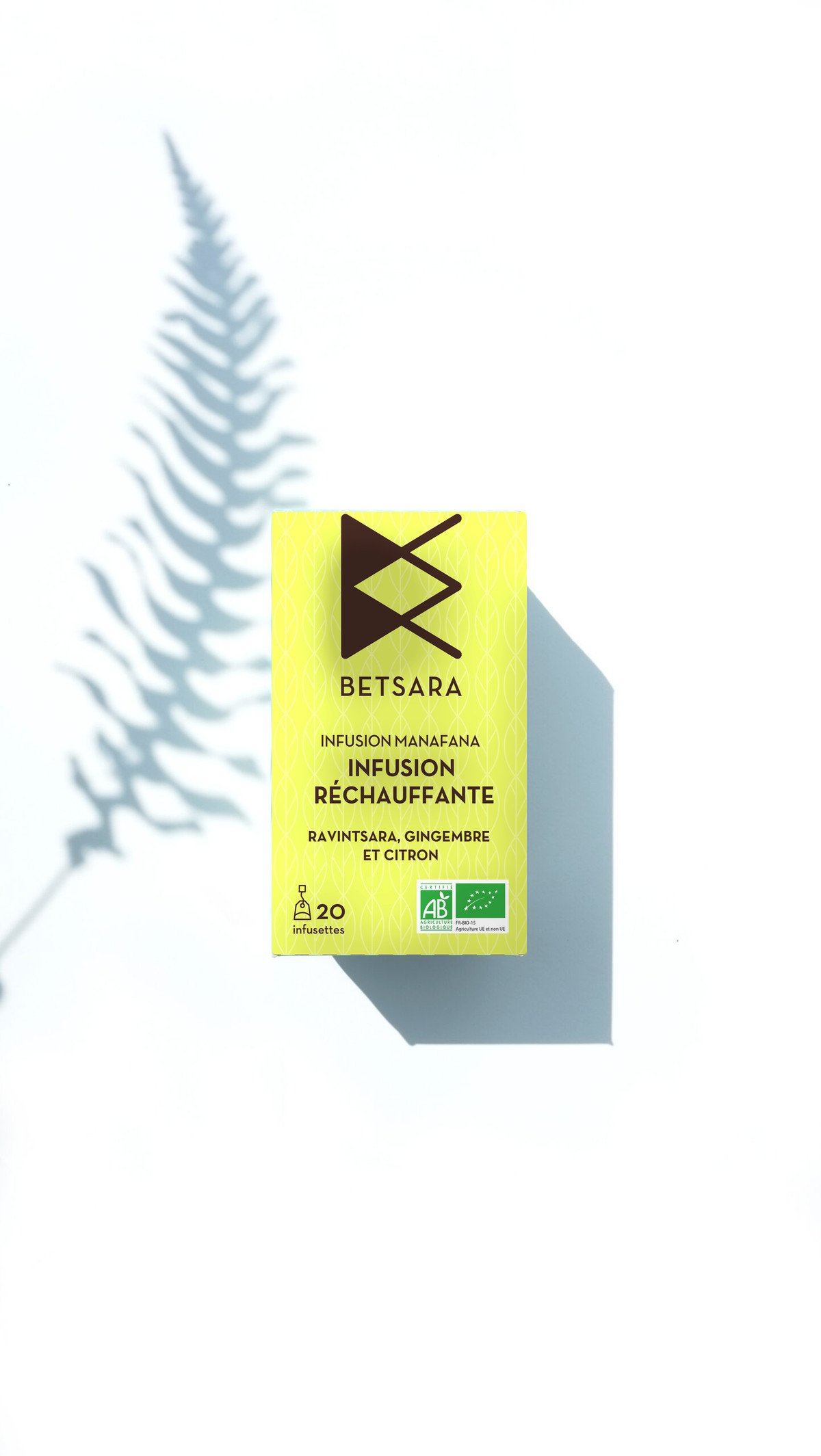 Boîte d'infusion Réchauffante BETSARA, ravintsara gingembre citron, 20 infusettes, avec ombre de fougère