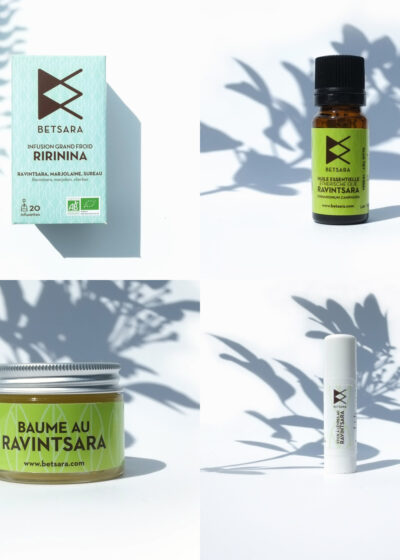 Kit Saison Froide BETSARA : infusion Ririnina, huile essentielle de ravintsara 10 ml, baume respiratoire et stick à lèvres