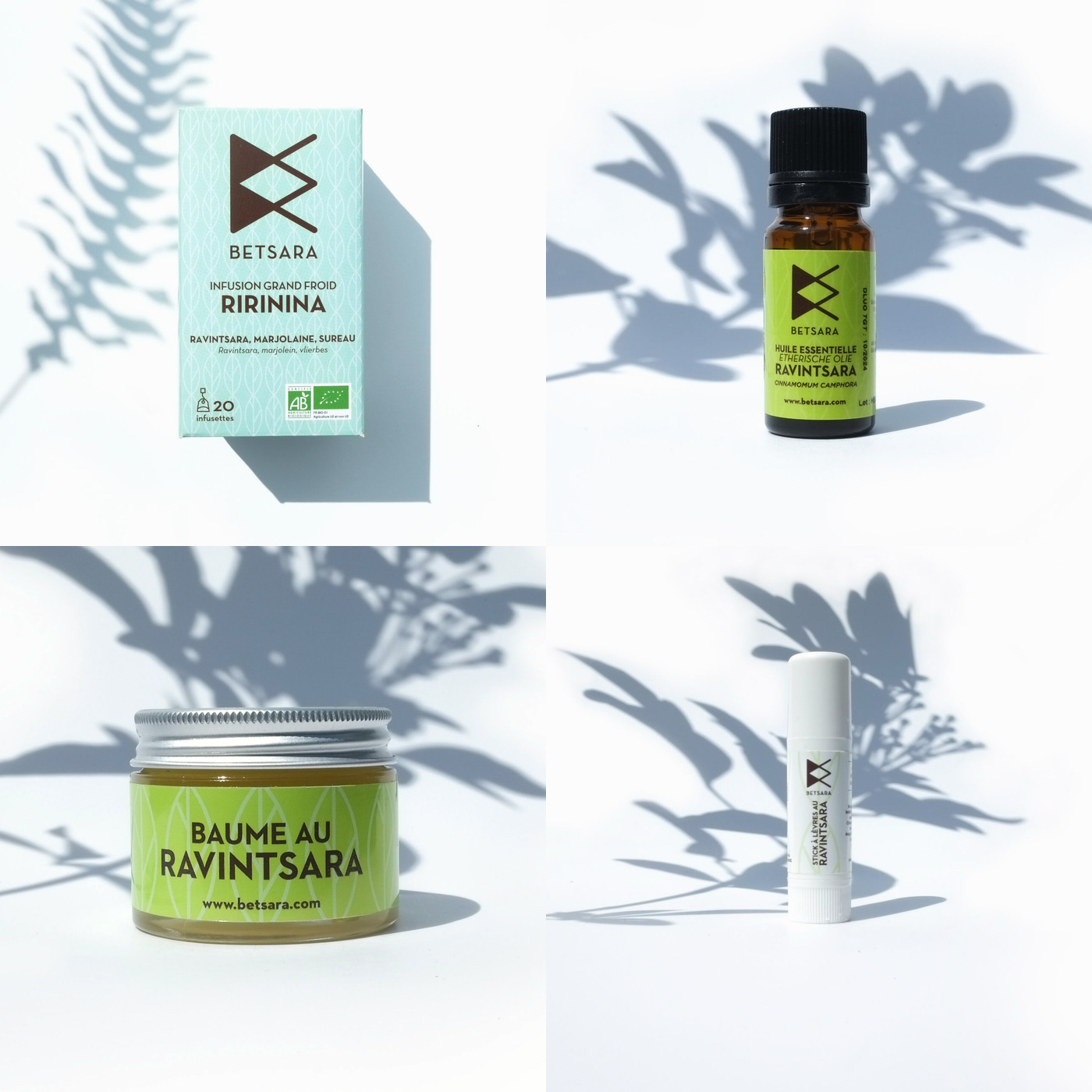 Kit Saison Froide BETSARA : infusion Ririnina, huile essentielle de ravintsara 10 ml, baume respiratoire et stick à lèvres